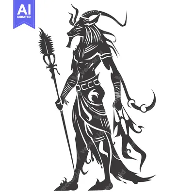 Premium design asset: Anubis, the Egyptian God of the Dead, with a Staff and a Crescent Moon