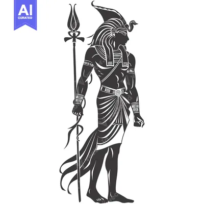 Premium design asset: Black and White Illustration of an Egyptian God Holding a Staff
