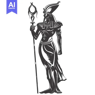 Aset desain premium: Black and White Illustration of an Egyptian God Holding a Staff