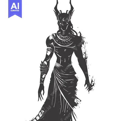 Aset premium populer: Silhouette of a Powerful Egyptian Deity with Horns and a Sacred Scarab