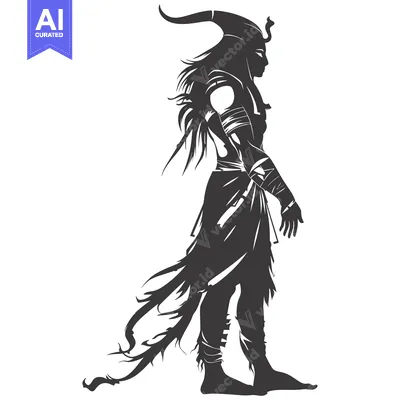 Aset desain premium: Silhouette of a horned, winged, and draped figure