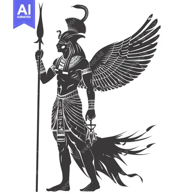 A black and white illustration of the Egyptian god Horus, with wings,