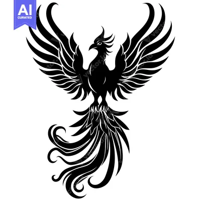 Aset premium populer: Black and White Silhouette of a Phoenix with Spread Wings and Tail Fea