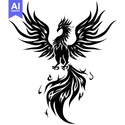 Aset premium populer: Black and White Stylized Phoenix in Flight with Flamed Tail