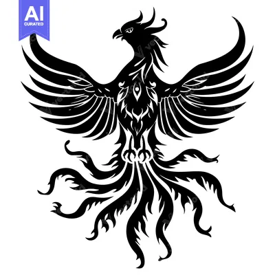 Aset premium populer: Black and White Stylized Illustration of a Phoenix with Spread Wings a