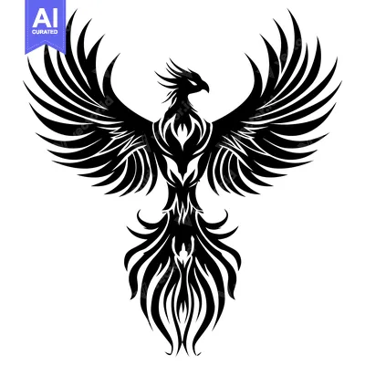 Premium design asset: Stylized Black and White Illustration of a Phoenix with Spread Wings