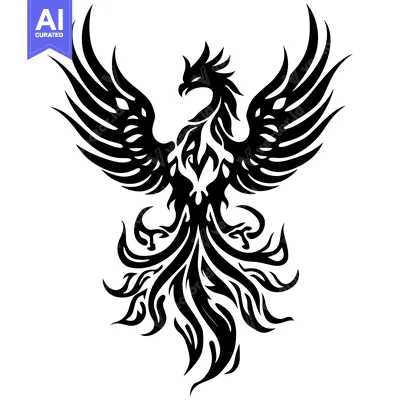 Aset desain premium: Stylized Black and White Illustration of a Phoenix with Spread Wings