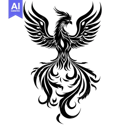 Aset premium populer: Black and White Stylized Phoenix with Spread Wings and Tail Feathers