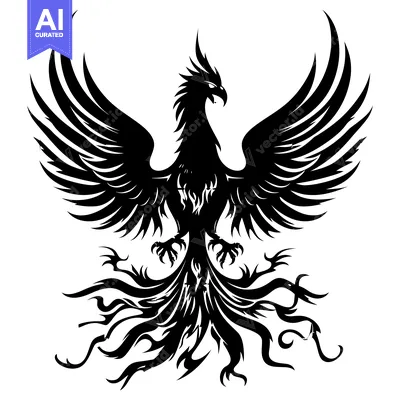 Aset desain premium: Black and White Stylized Phoenix with Spread Wings