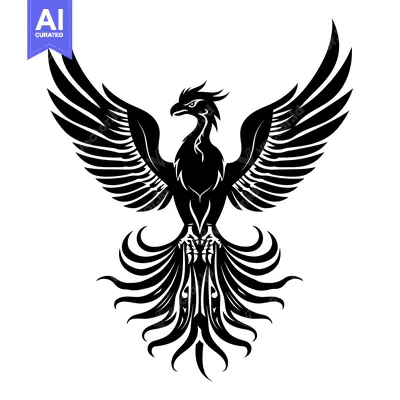 Black and White Stylized Phoenix with Spread Wings
