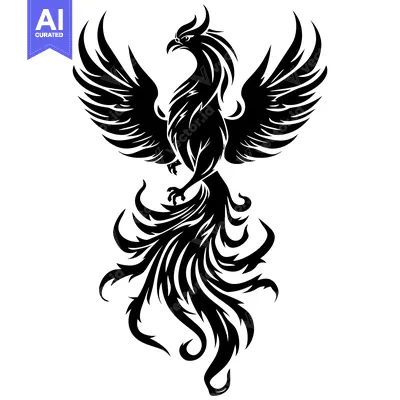 Aset premium populer: Black and White Silhouette of a Phoenix Bird with Spread Wings