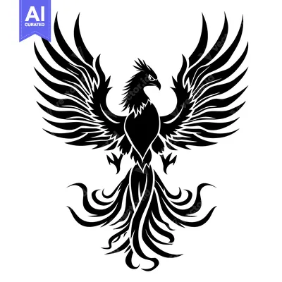 Aset premium populer: Black and White Stylized Phoenix Bird with Spread Wings