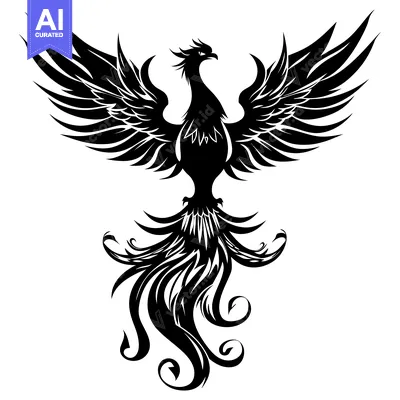 Black and White Stylized Phoenix with Spread Wings and Curving Tail Fe