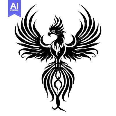 Stylized Black and White Illustration of a Phoenix
