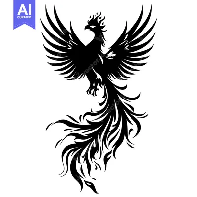 Black and white silhouette of a phoenix with spread wings and a long,