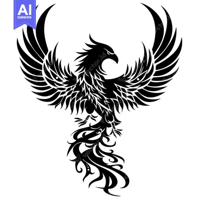 Black and white stylized illustration of a phoenix bird with outstretc