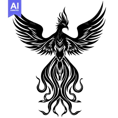 Black and White Stylized Phoenix with Outstretched Wings