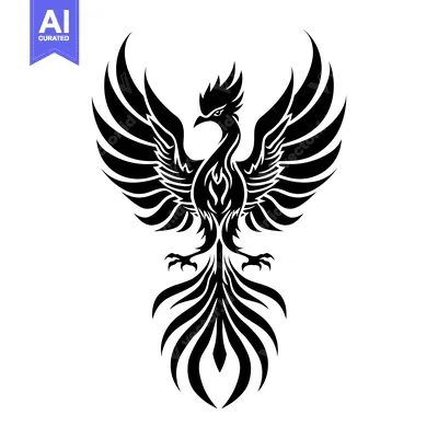 Black and White Stylized Phoenix with Spread Wings and Tail Feathers