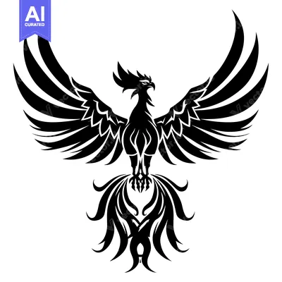 Aset premium populer: Black and white stylized illustration of a phoenix with spread wings