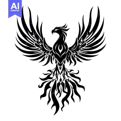 Stylized Black and White Phoenix with Spread Wings