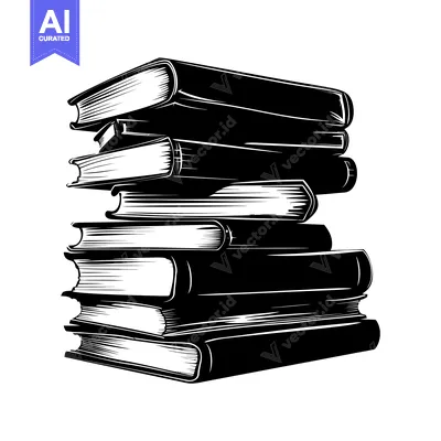 Aset premium populer: A Stack of Seven Books in a Black and White Illustration