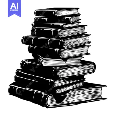 Aset premium populer: A Stack of Books in a Black and White Illustration