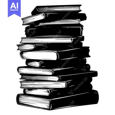 Aset desain premium: A Tall Stack of Books in a Black and White Illustration