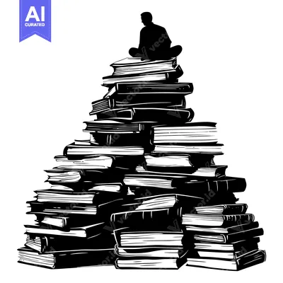 Aset desain premium: Silhouette of a Person Sitting on a Large Pile of Books