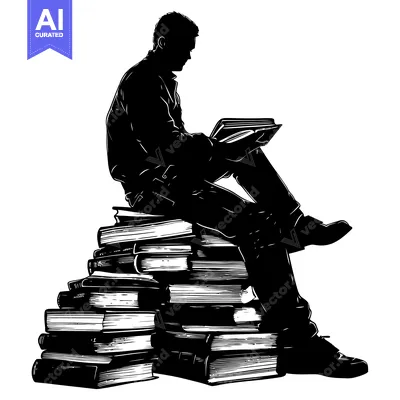 Aset premium populer: Silhouette of a Man Reading a Book on a Stack of Books