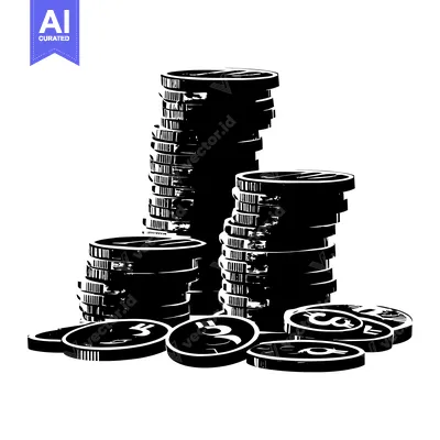 Stacks of Coins with Scattered Coins in Black and White