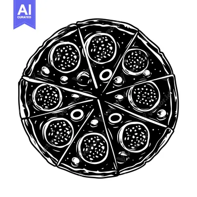 Aset premium populer: Black and White Illustration of a Pepperoni Pizza with Olives