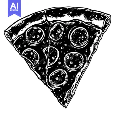 Aset desain premium: A slice of pizza with pepperoni toppings, illustrated in black and whi