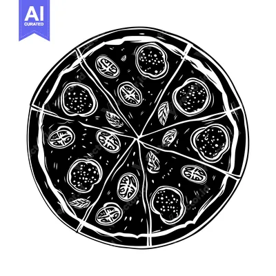 Premium design asset: Black and White Illustration of a Pizza with Toppings