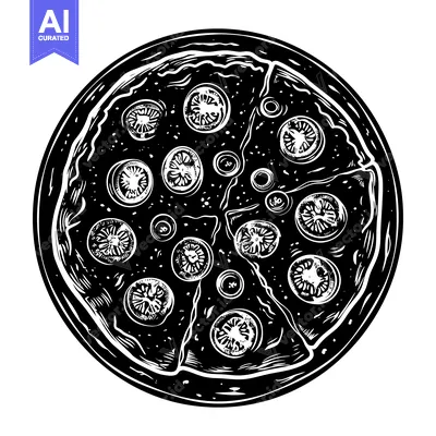 Aset premium populer: Black and White Illustration of a Round Pizza with Toppings