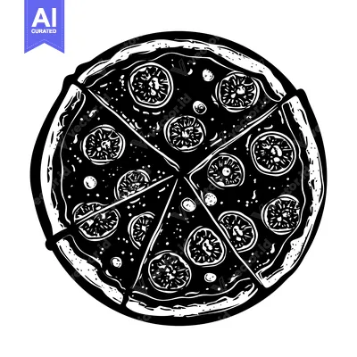 Aset premium populer: A Black and White Illustration of a Cut Pizza with Toppings
