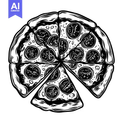 Aset desain premium: Black and White Illustration of a Pizza with Toppings