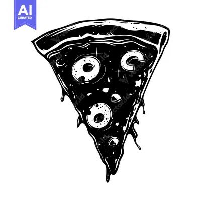 Black and White Illustration of a Dripping Pizza Slice with Olives