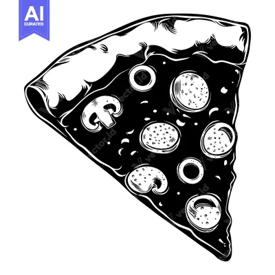 Aset premium populer: Black and White Illustration of a Pizza Slice with Various Toppings