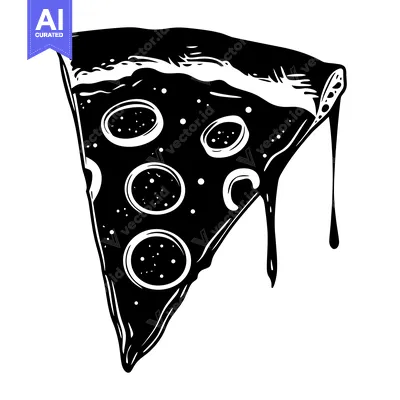 Premium design asset: Black and white illustration of a dripping pizza slice with pepperoni
