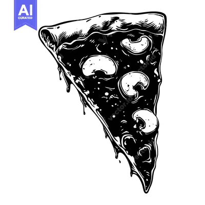 Aset premium populer: Black and White Illustration of a Pizza Slice with Mushroom Toppings a