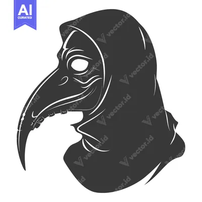 Aset desain premium: A black and white illustration of a plague doctor's mask and hood