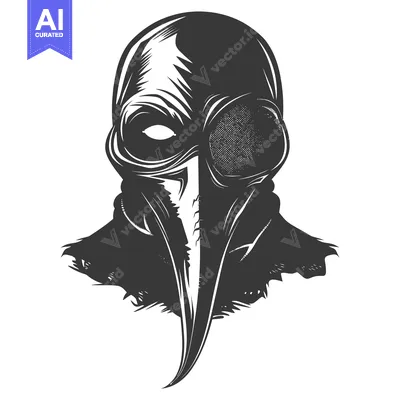 Aset desain premium: Monochrome Illustration of a Plague Doctor with a Long Beak Mask