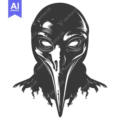 Aset premium populer: Black and White Illustration of a Person Wearing a Bird-like Mask