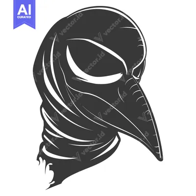 Aset desain premium: Black and White Illustration of a Bird-Headed Figure Wearing a Mask