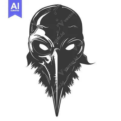 Black and White Illustration of a Bird Mask with a Long Beak