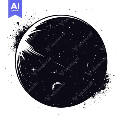 A Black and White Illustration of a Celestial Body with a Comet and St