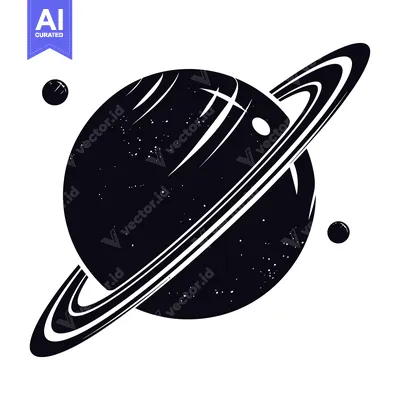 Black and White Illustration of Saturn with Rings and Moons