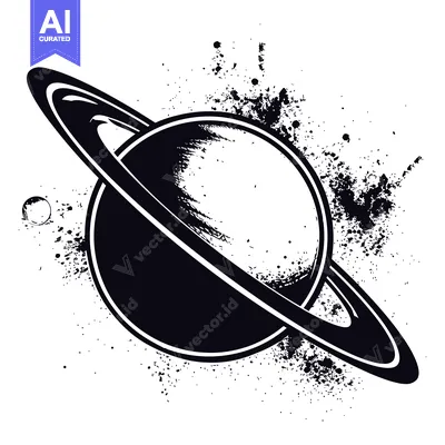 Aset desain premium: Black and White Illustration of Saturn with Rings and a Spatter Effect