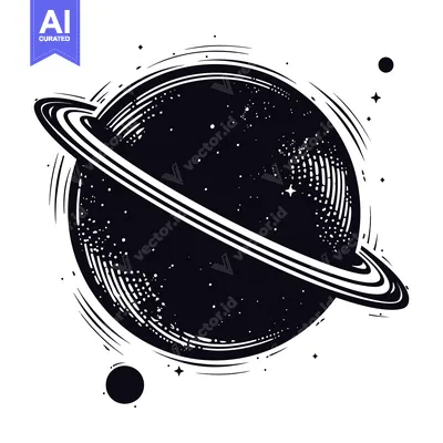 Aset premium populer: A black and white illustration of Saturn with a ring system and stars.
