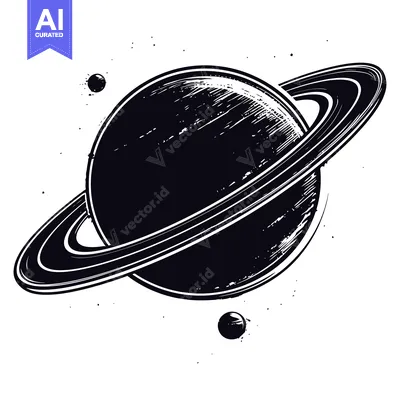 Black and White Illustration of Saturn with Rings and Moons